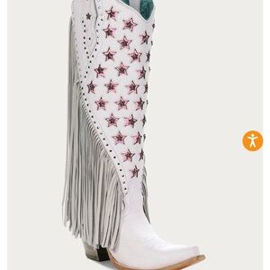 Star-Studded White and Pink Fringe Heeled Boots